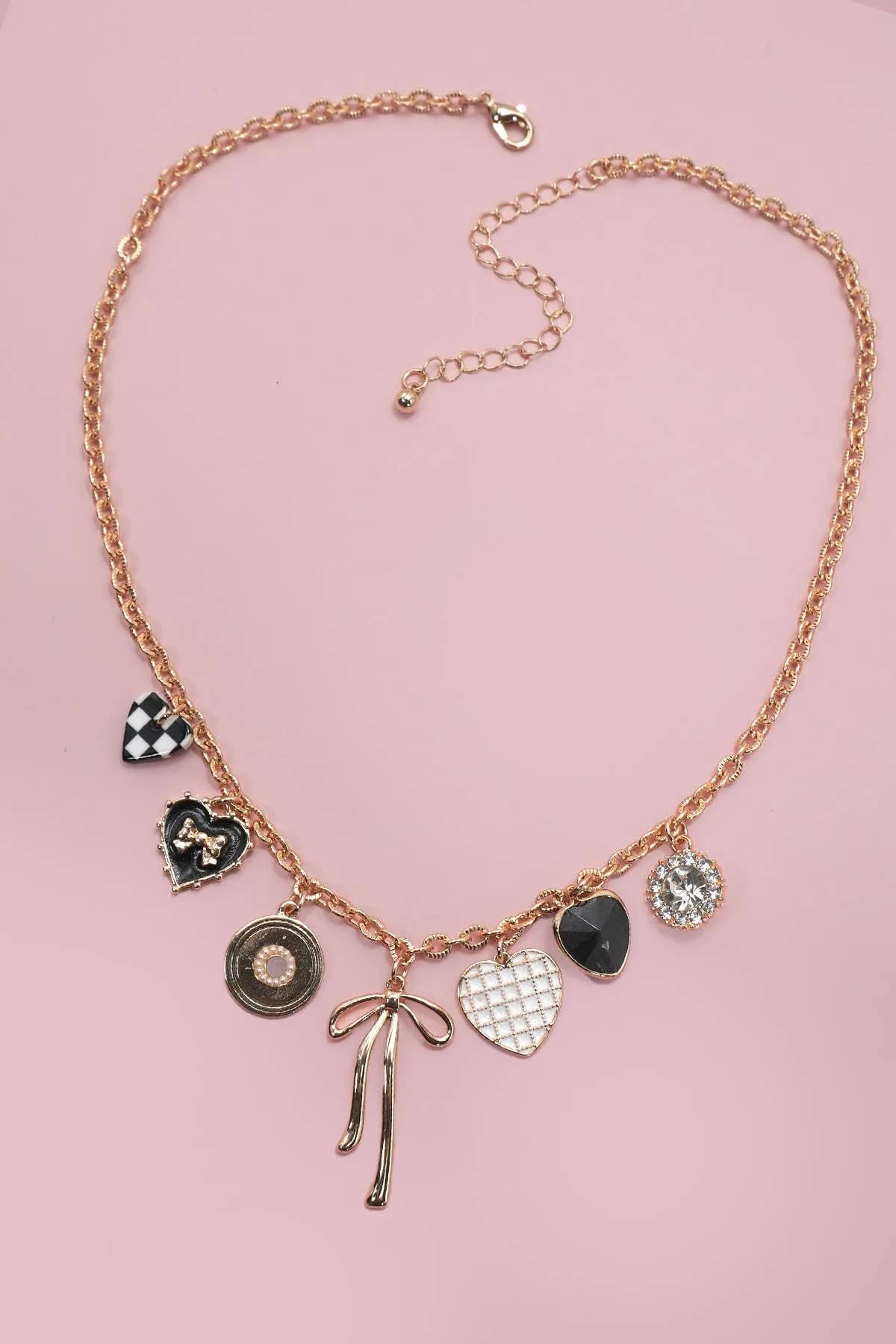 Charm Necklace Bow Checker Heart Rhinestone