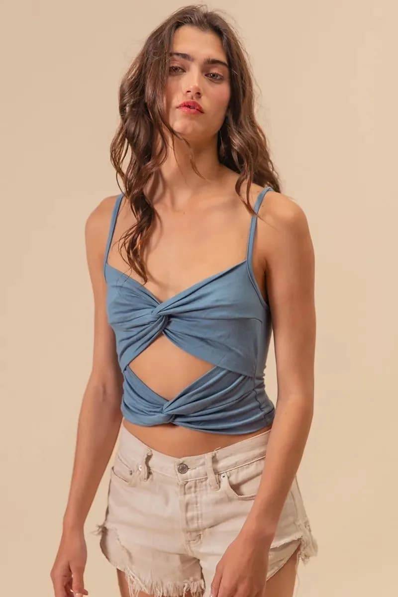 BiBi Rayon Span Jersey Knit Double Twist Front Cami Top