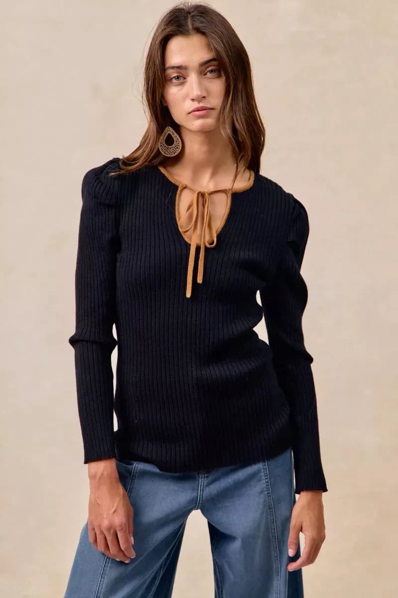 BiBi Ribbed Contrast Front Tied Top with Shried