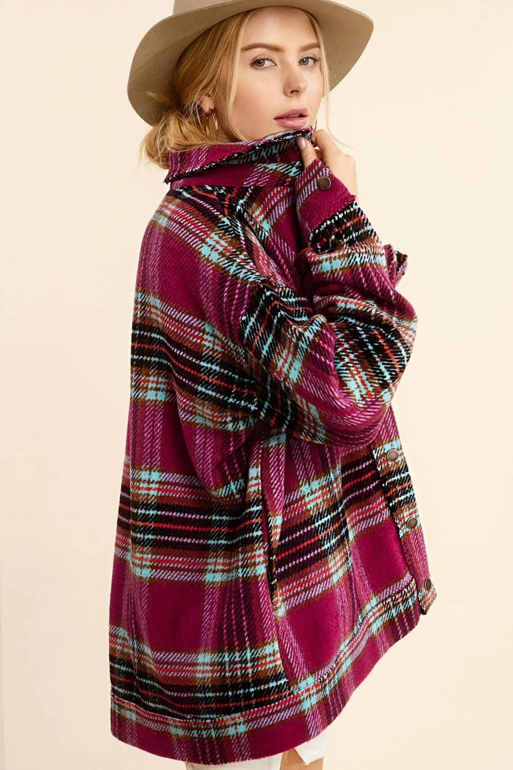 Loose Fit Plaid Button Down Shacket with Pockets