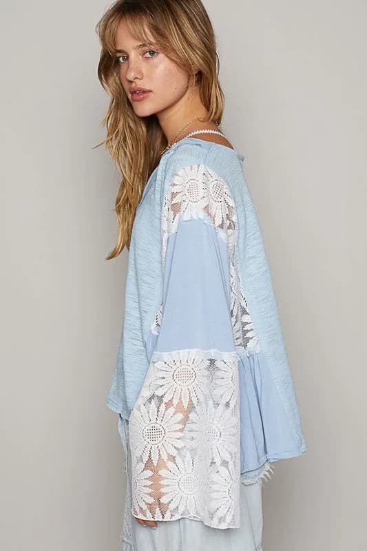 Lace Detail VNeck Flare Sleeve Blouse