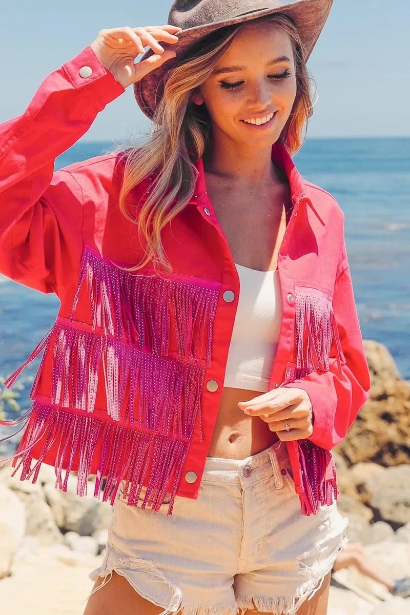 Rhinestone Fringe with Studed Collar Jacket