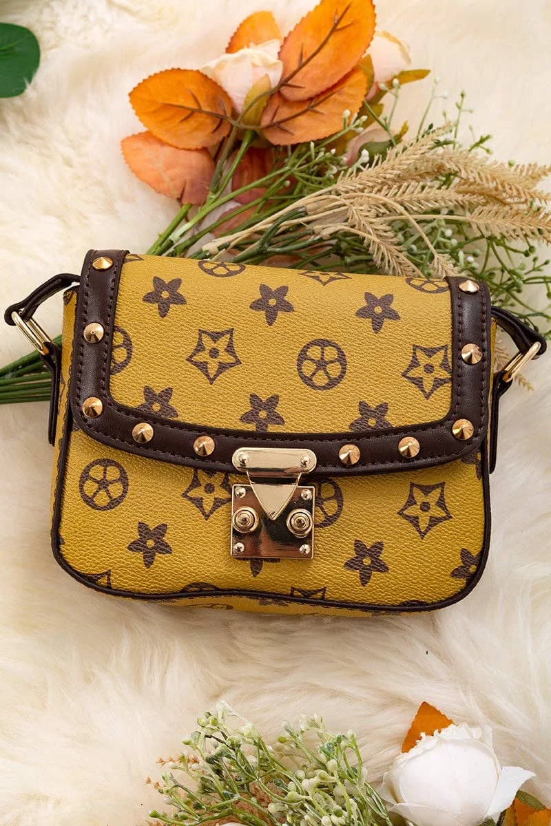 Yellow & Brown Trim/Spike Detail Crossbody Purse