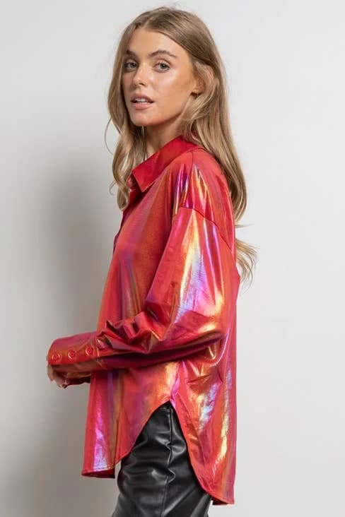 Rainbow Button Up Long Sleeve Blouse Shirt by KIWI