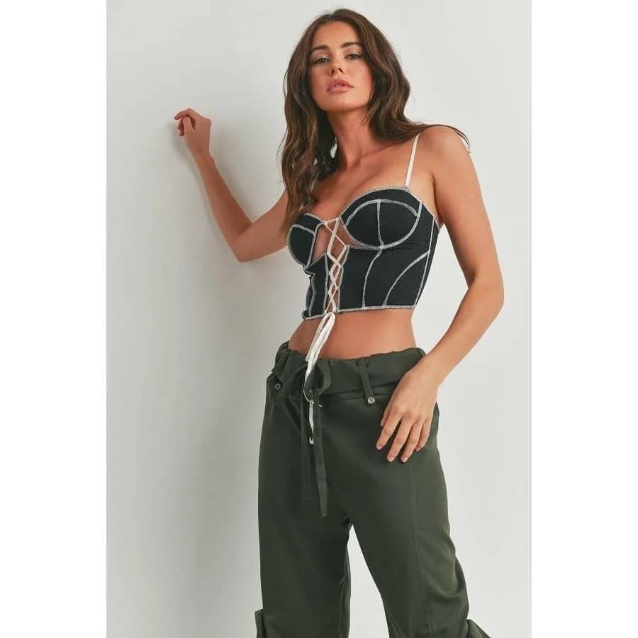Contrast Stitching Open Back Crop Bustier (Black)