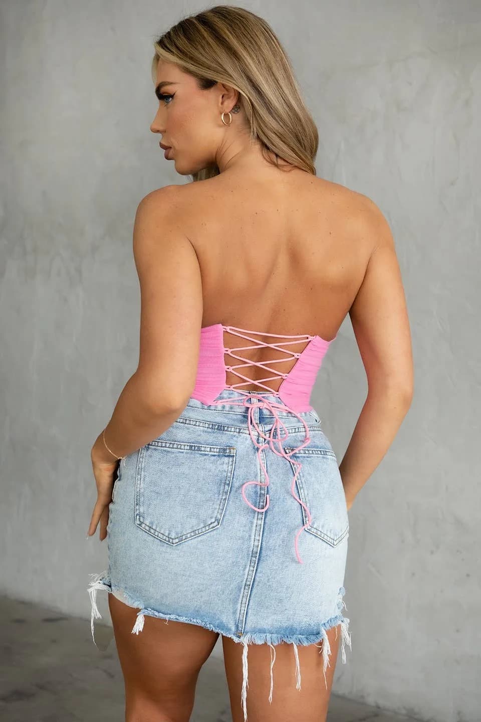 Mesh Corset Top Adjustable Lace Up Tie At Back Tictoc (Pink)