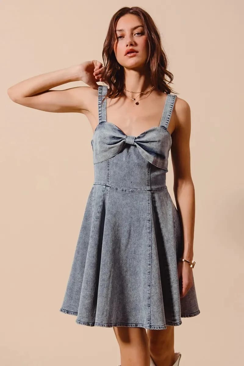 SO ME Mineral Washed Bow Ribbon Denim Flare Dress