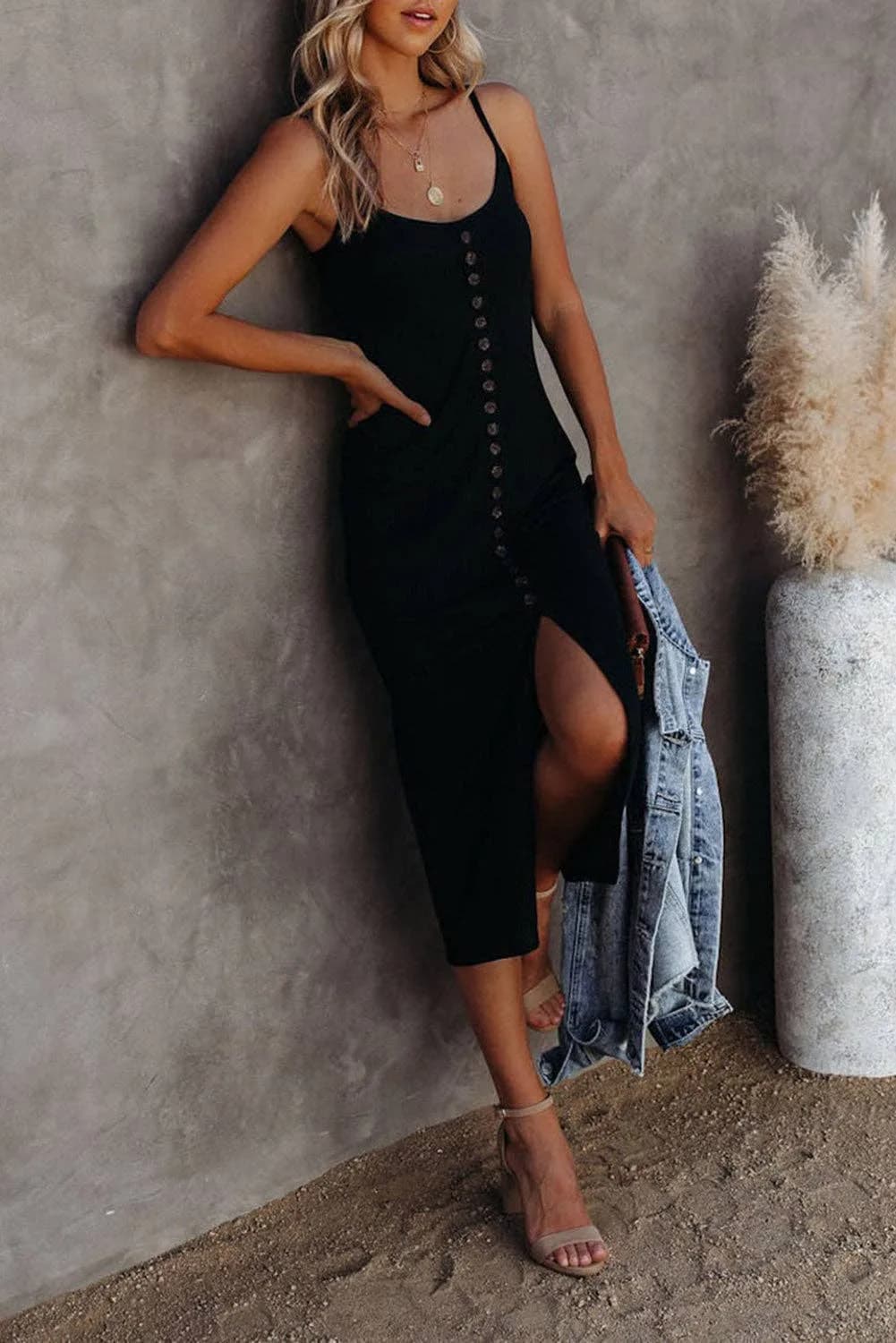 Brown Buttoned Ribbed Knit Sleeveless Midi Dress with Slit Full Time Purchase
