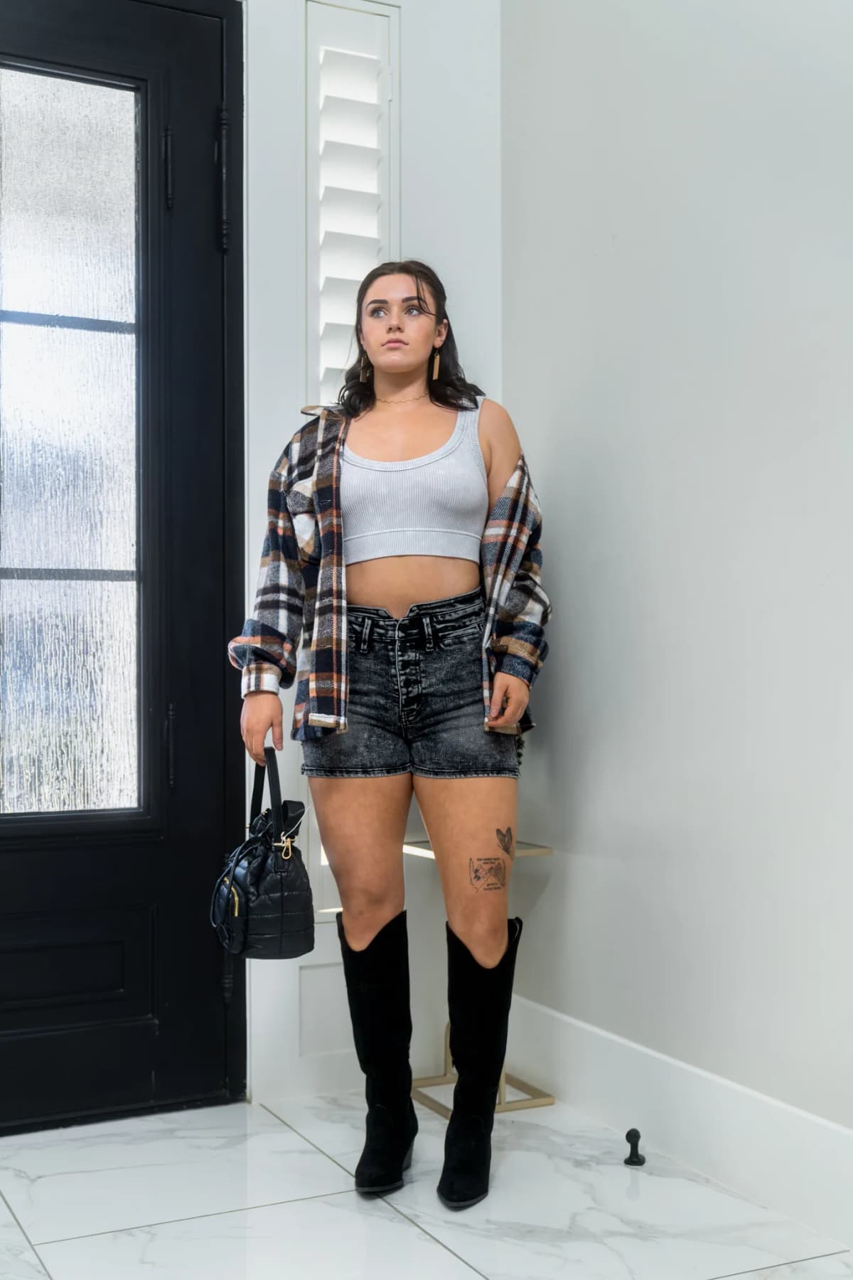 Geometric Plaid Print Pocketed Shacket Umorger
