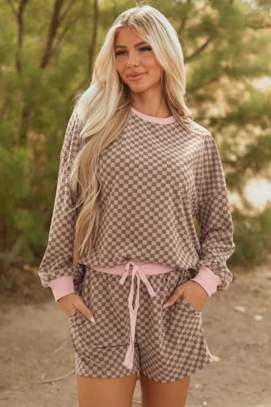 Checker Long Sleeve Pullover and Shorts Set