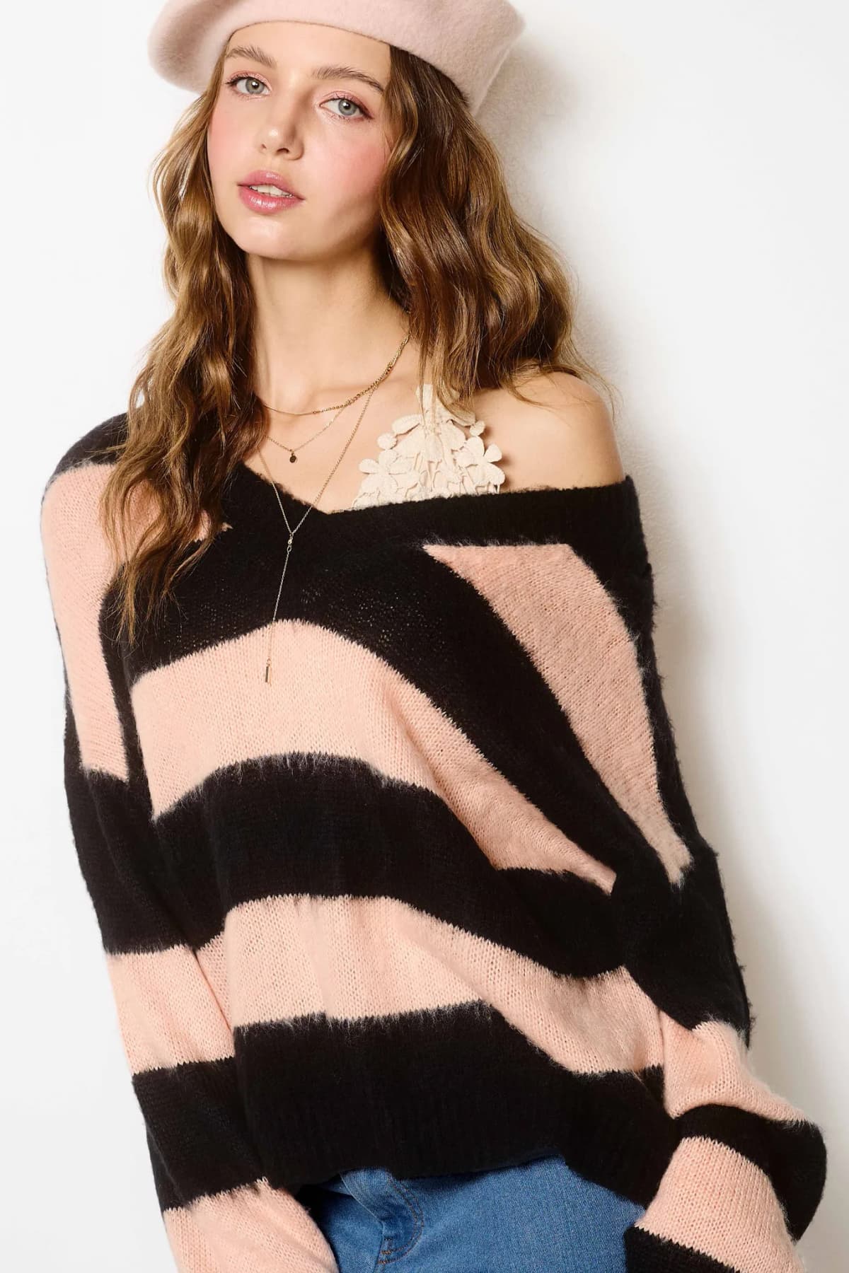 Oversized Fuzzy Soft Stripe V-neck Knit Sweater