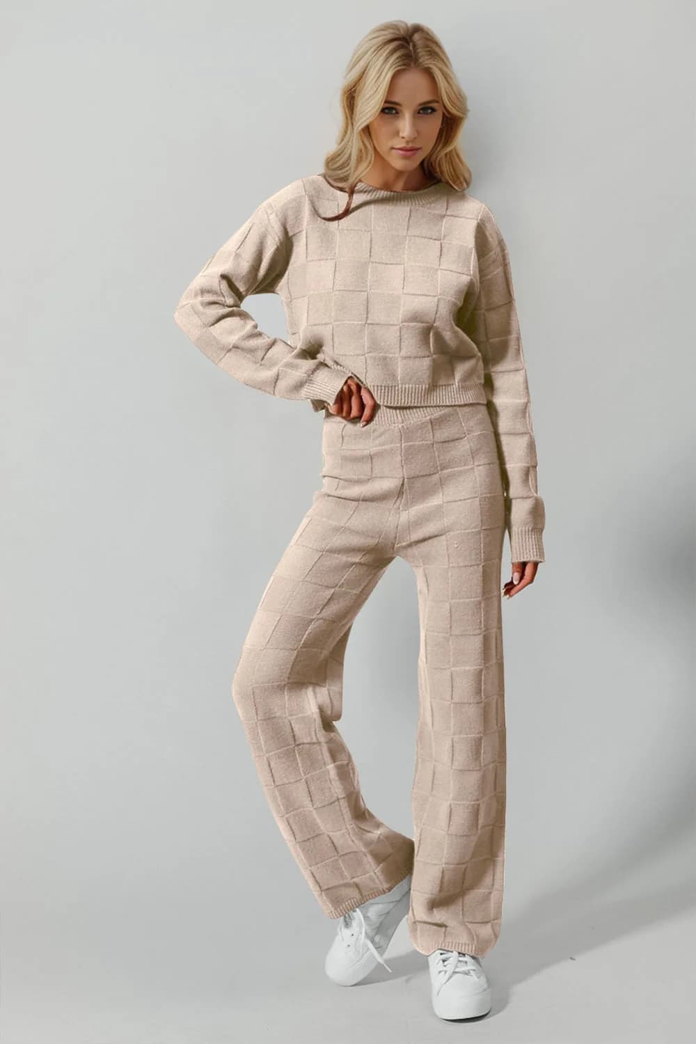 Double Take Full Size Checkered Round Neck Top and Pants Set Multiple Colors