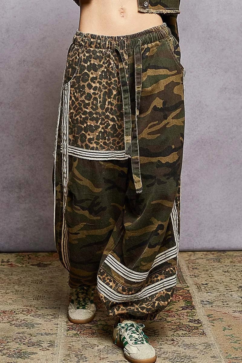 Printed Woven Contrast Band Trim Jogger Pants by POL