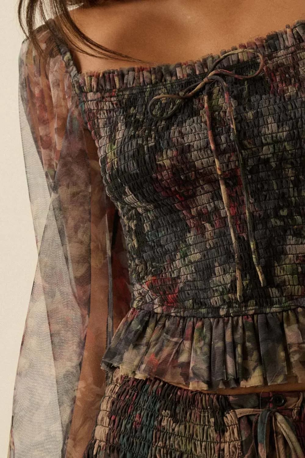 Layered Floral-Print Tulle Smocked Peasant Top by Promesa
