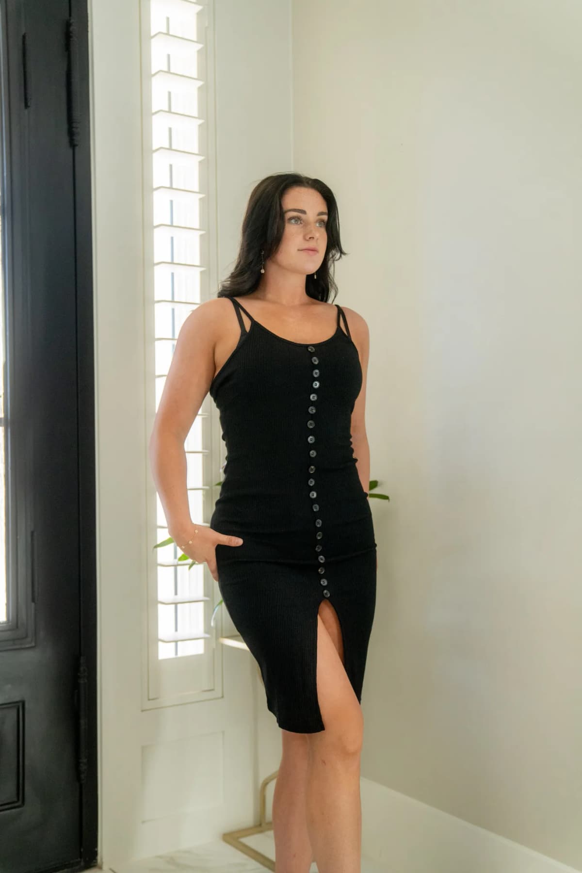 Brown Buttoned Ribbed Knit Sleeveless Midi Dress with Slit Full Time Purchase