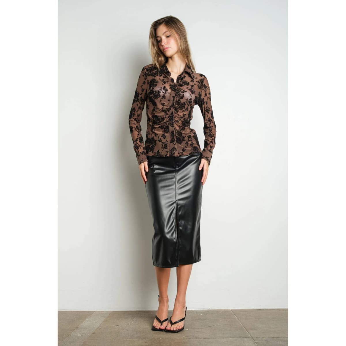 Floral Burnout Long Sleeve Ruched Front Blouse by KIWI
