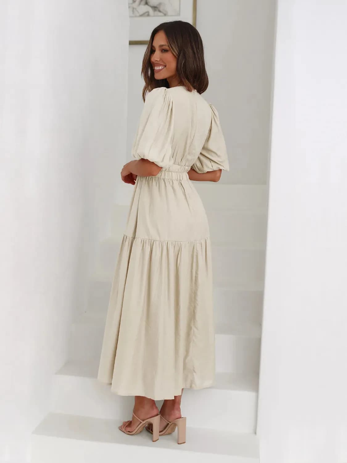 Tiered Surplice Half Sleeve Midi Dress in Multiple Colors