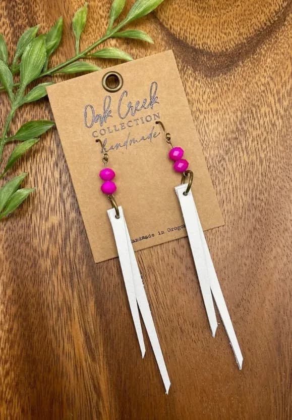 Bead W/Simple White Fringe Leather Earring Oak Creek Collection Handmade (Pink)