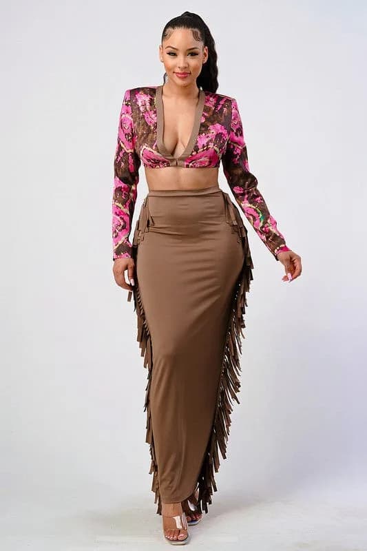 Athina Floral Print Crop Top and Tassel Skirt Set