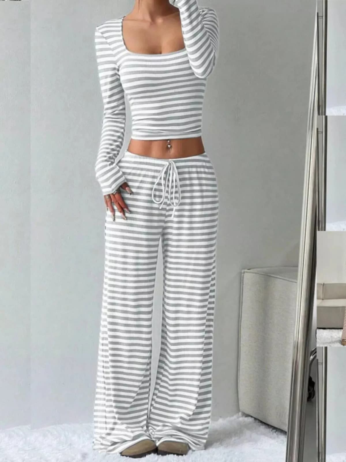 Striped Long Sleeve Crop Top and Wide Leg Pants Set