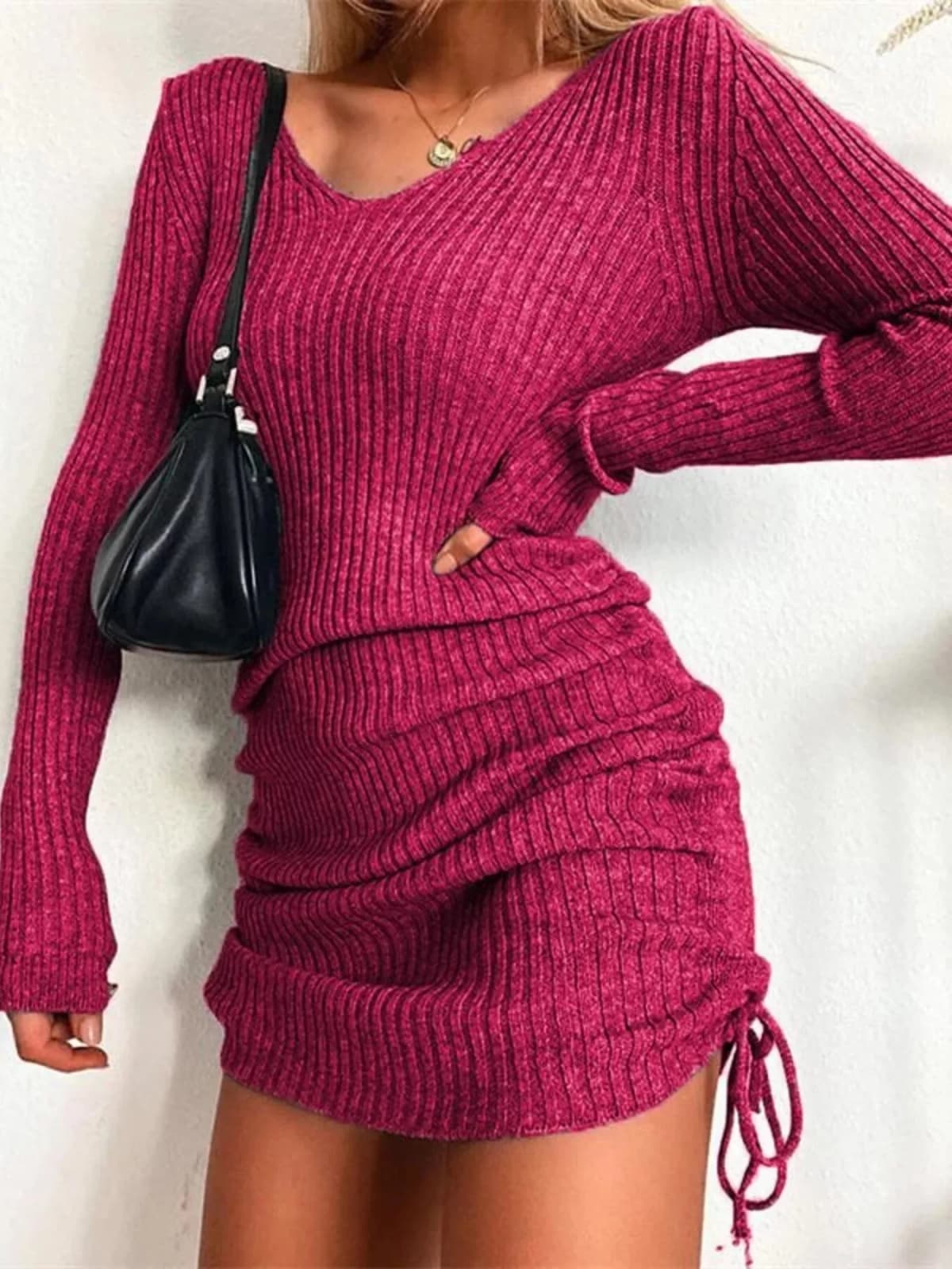 Full Size Ribbed Knit Drawstring Bodycon Sweater Dress Plus Size