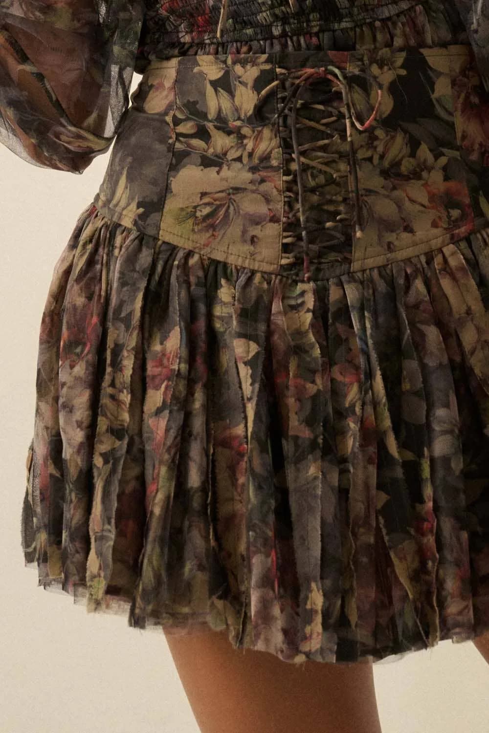 Floral Print Drop Waist Lace-Up Pleated Mini Skort by Promesa Restocked