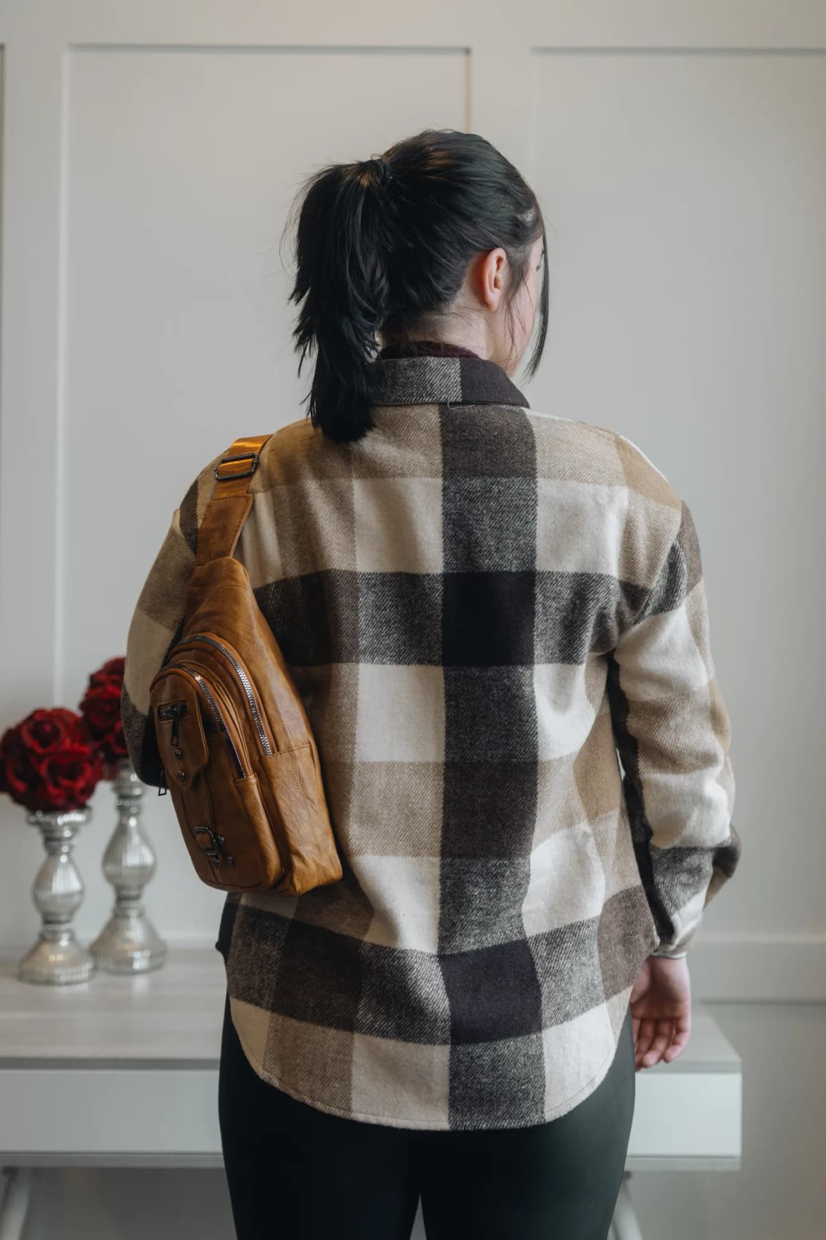Plaid Color Block Buttoned Long Sleeve Shacket with Pocket