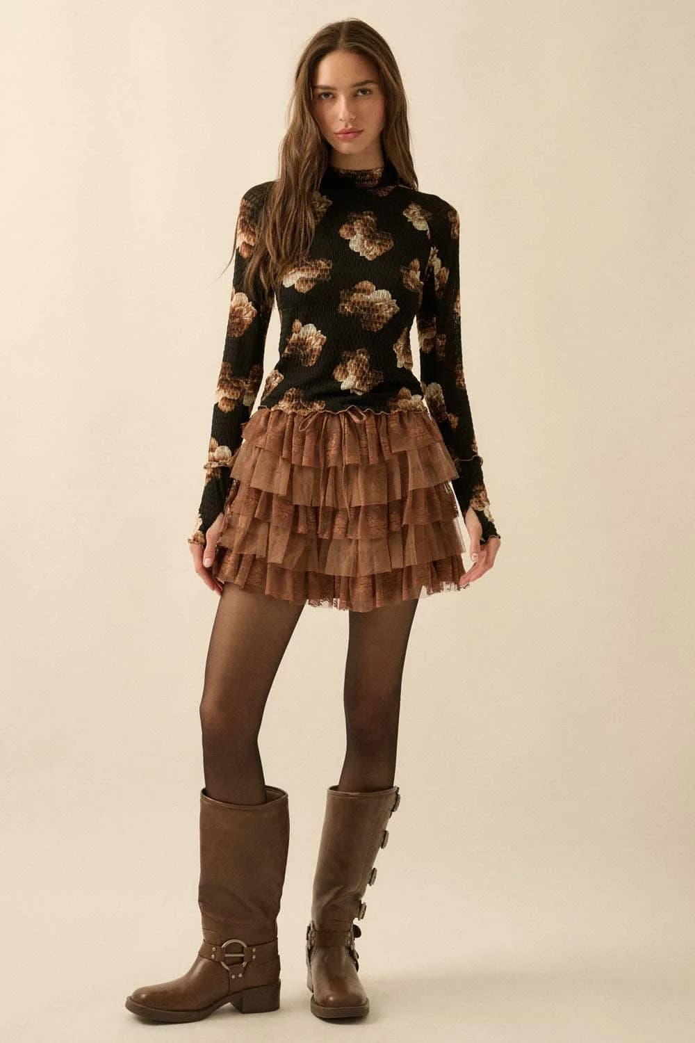 Brown Lace and Tulle Tiered Ruffle Mini Skirt by Promesa