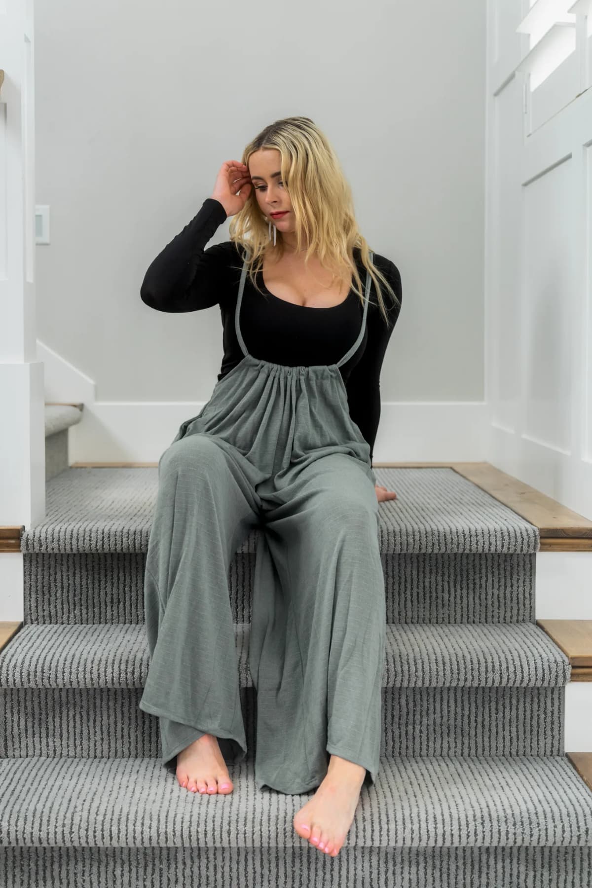 Wide Leg Solid Textured Knit Jumpsuit Pants Bucketlist