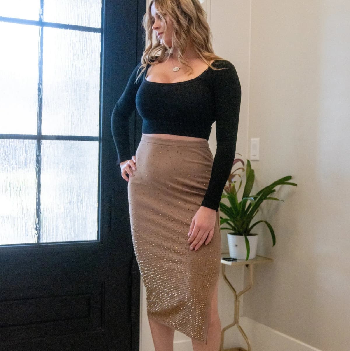 Stretch Bodycon Fitted Studded Side Slit Midi Skirt