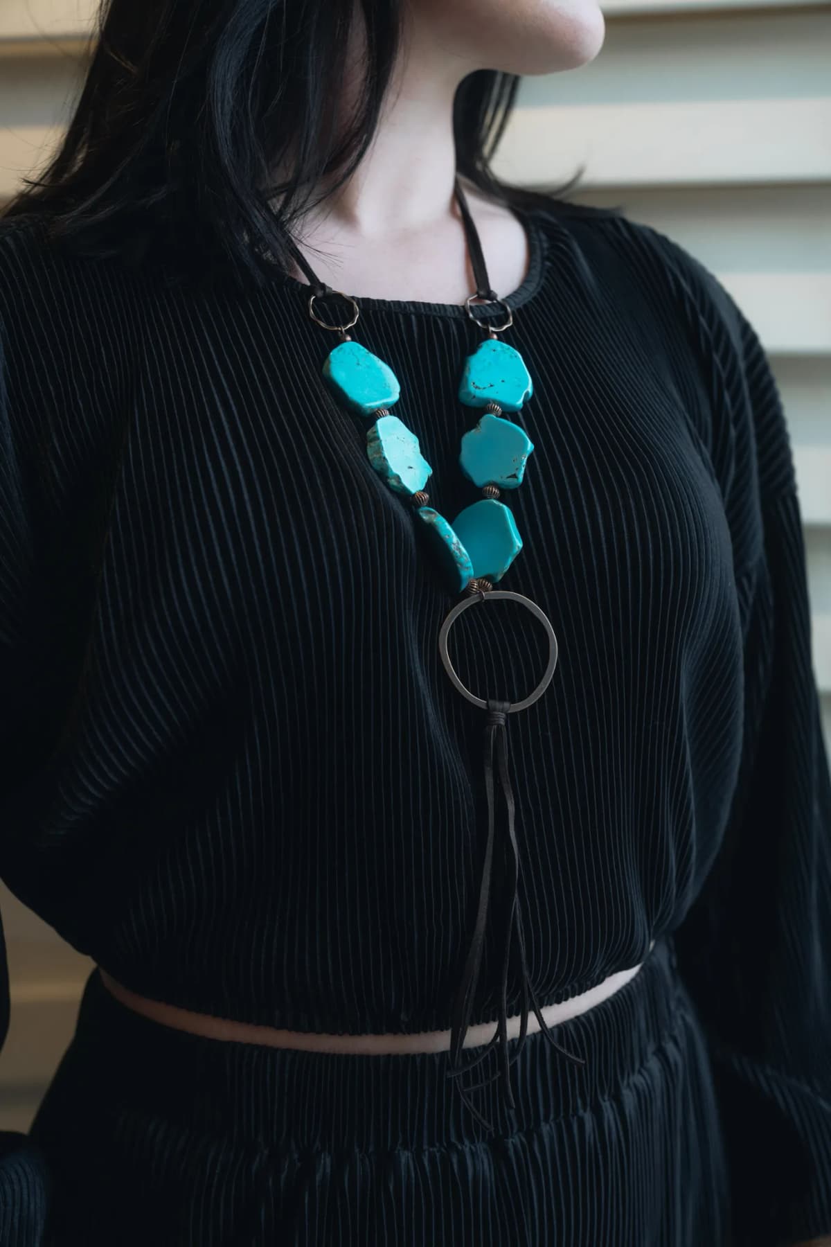 Turquoise Slab Necklace with Genuine Leather Tassel Jewelry Junkie