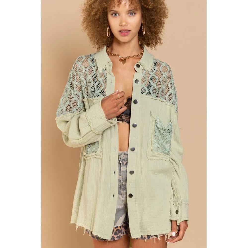 Oversize Contrast Open Knit Panel Detail Button Down Shirt