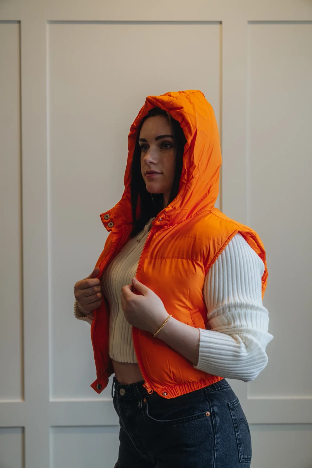 Puffer Hoodie Black Vest (Orange)