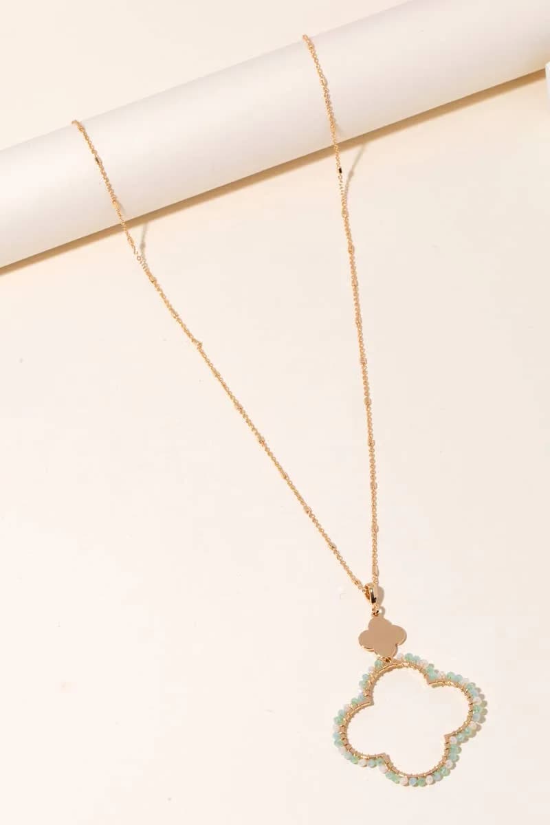 Beaded Clover Pendant Long Chain Necklace Anarchy Street (Mint)