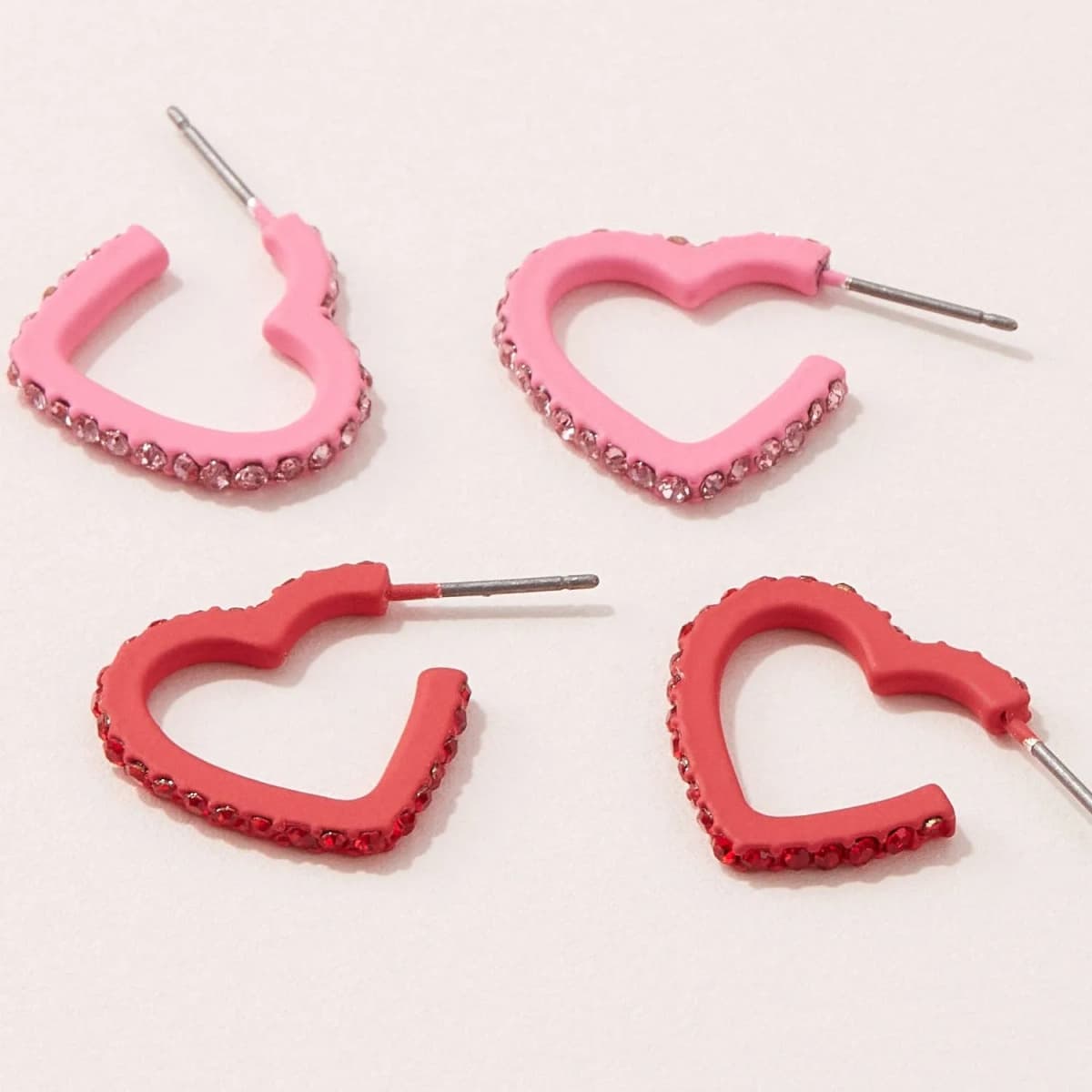 Matte Color Coating Heart Hoop Earrings with Pave Stone (Pink)