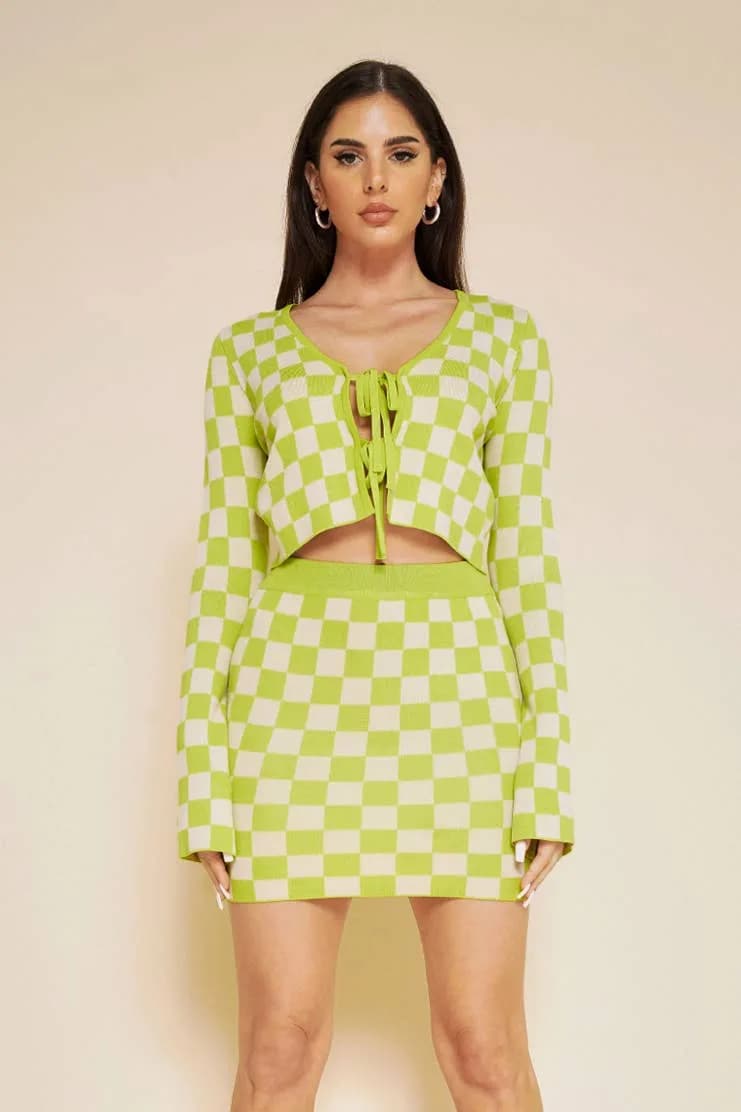 Lime Checker Board Tie Closure Crop Knit Cardigan Set