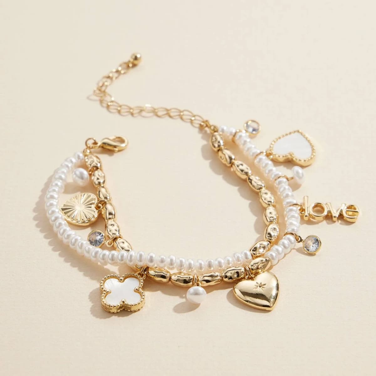 Layered Pearl Charm Bracelet Love Heart and Clover Pendants