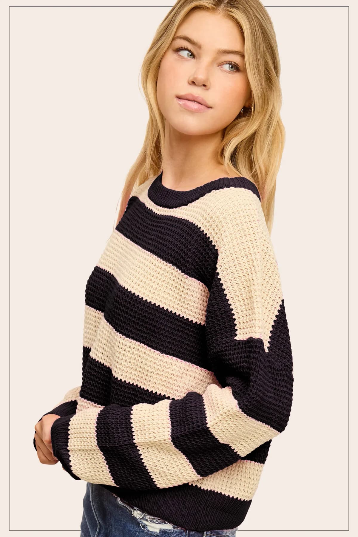 Loose Fit Striped Round Neck Long Sleeve Sweater (Fushia)