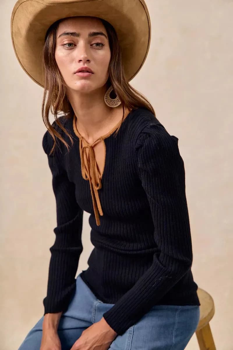BiBi Ribbed Contrast Front Tied Top with Shried