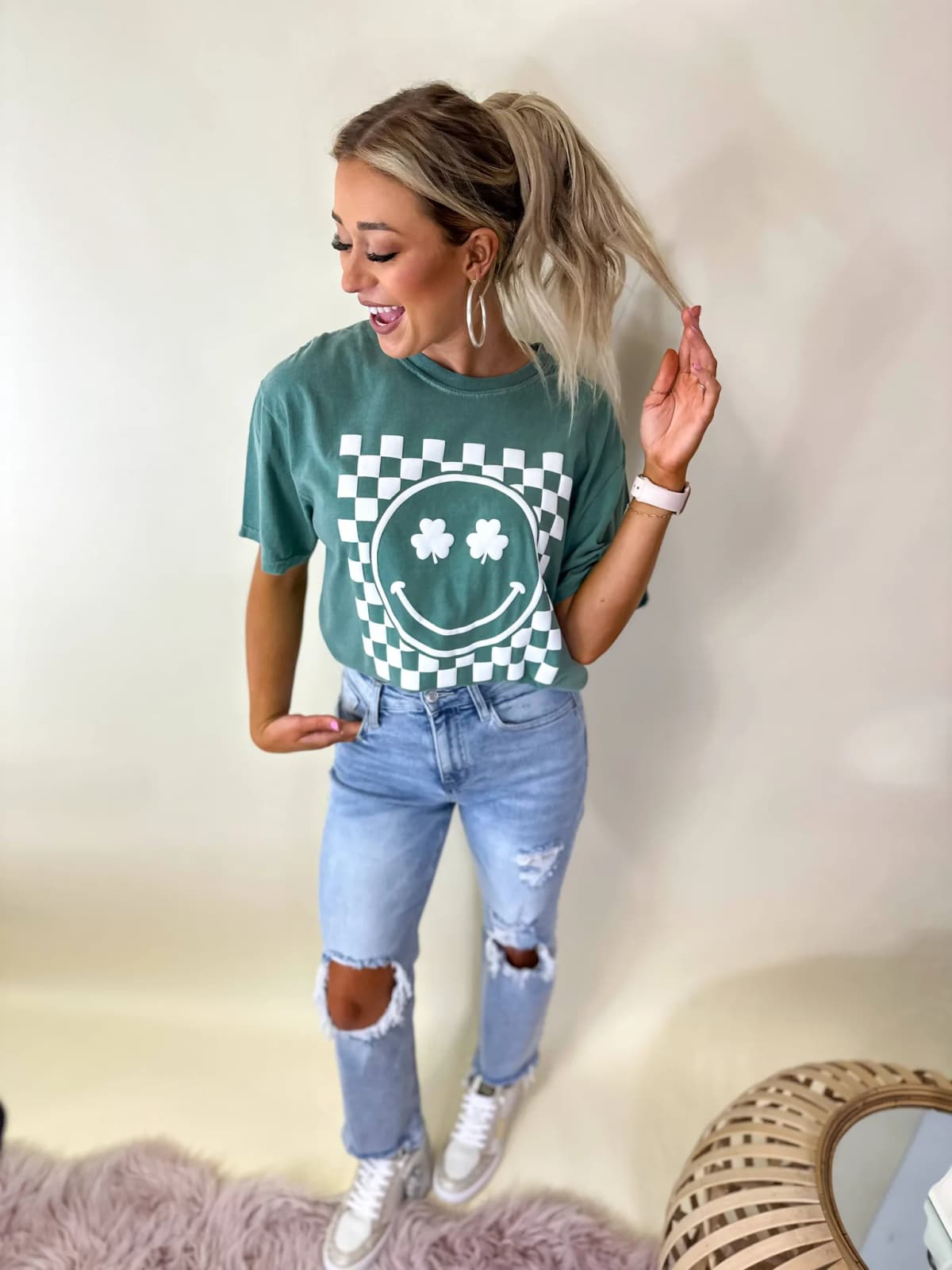 Checkered Shamrock Puff Smiley Green Graphic Tee
