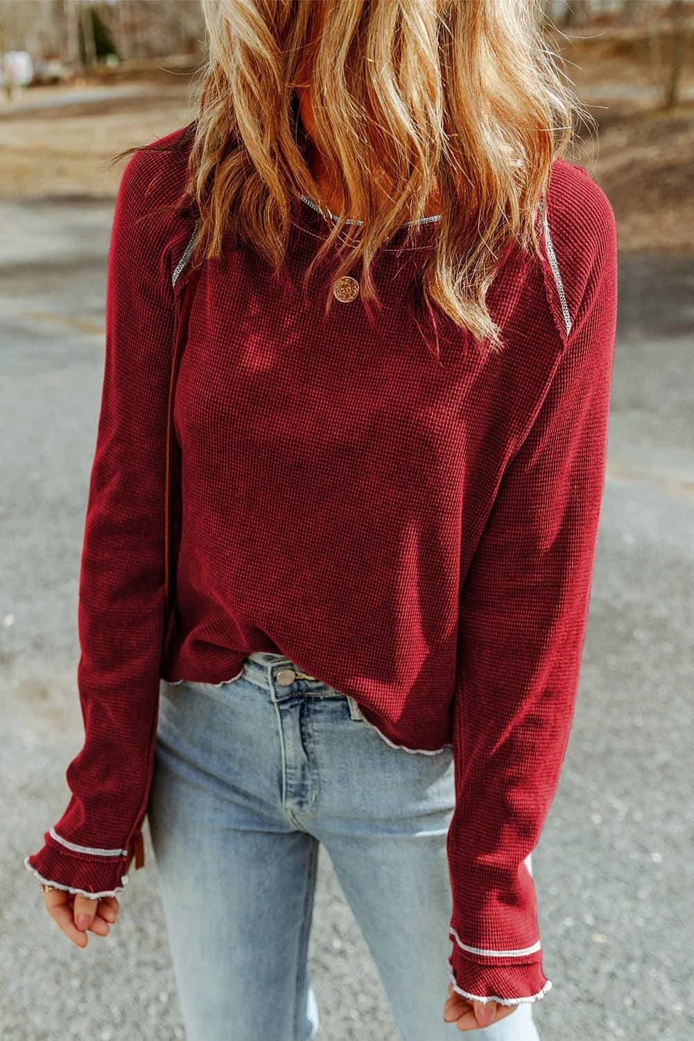 Textured Round Neck Long Sleeve Top (Green)