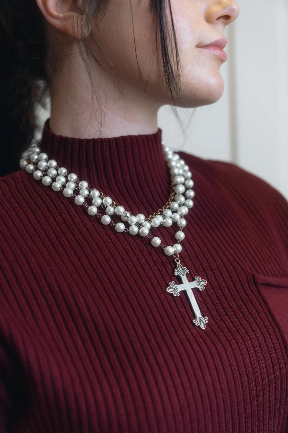Pearl and Copper Collar Length Necklace Copper Cross