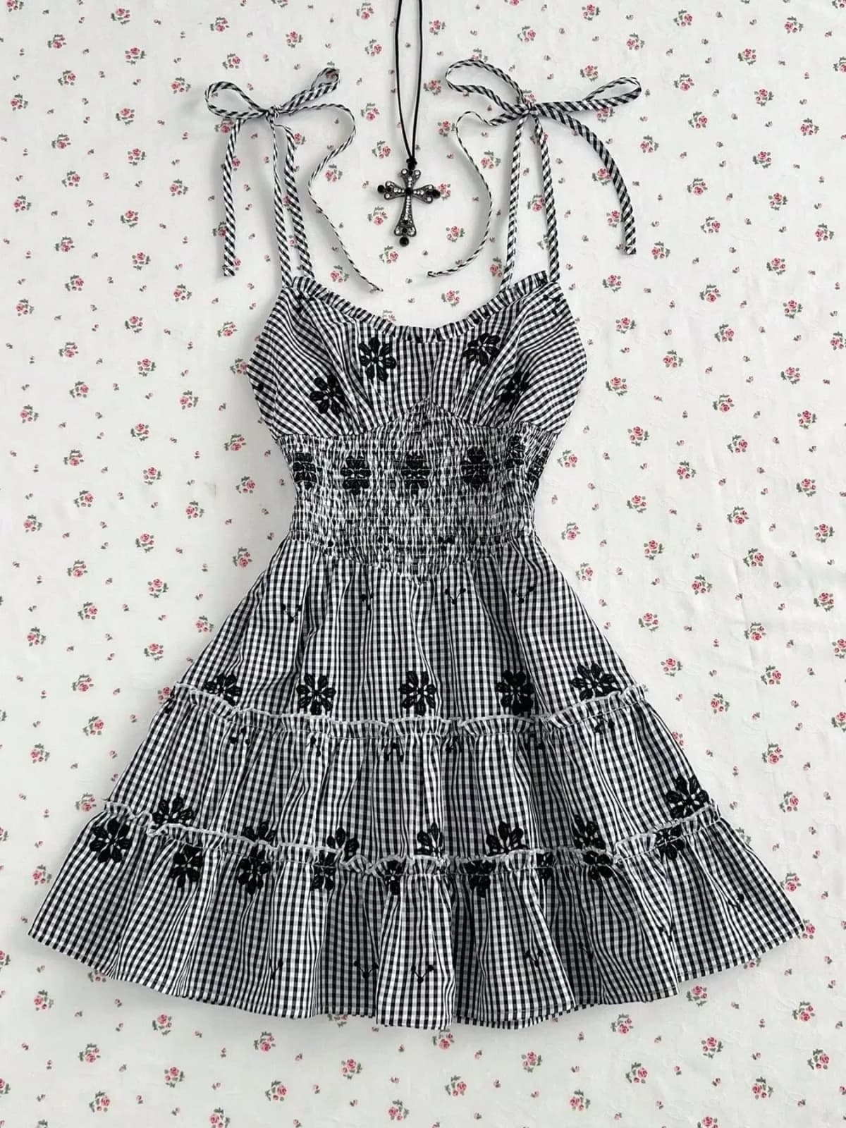 Gingham Floral Tiered Mini Dress