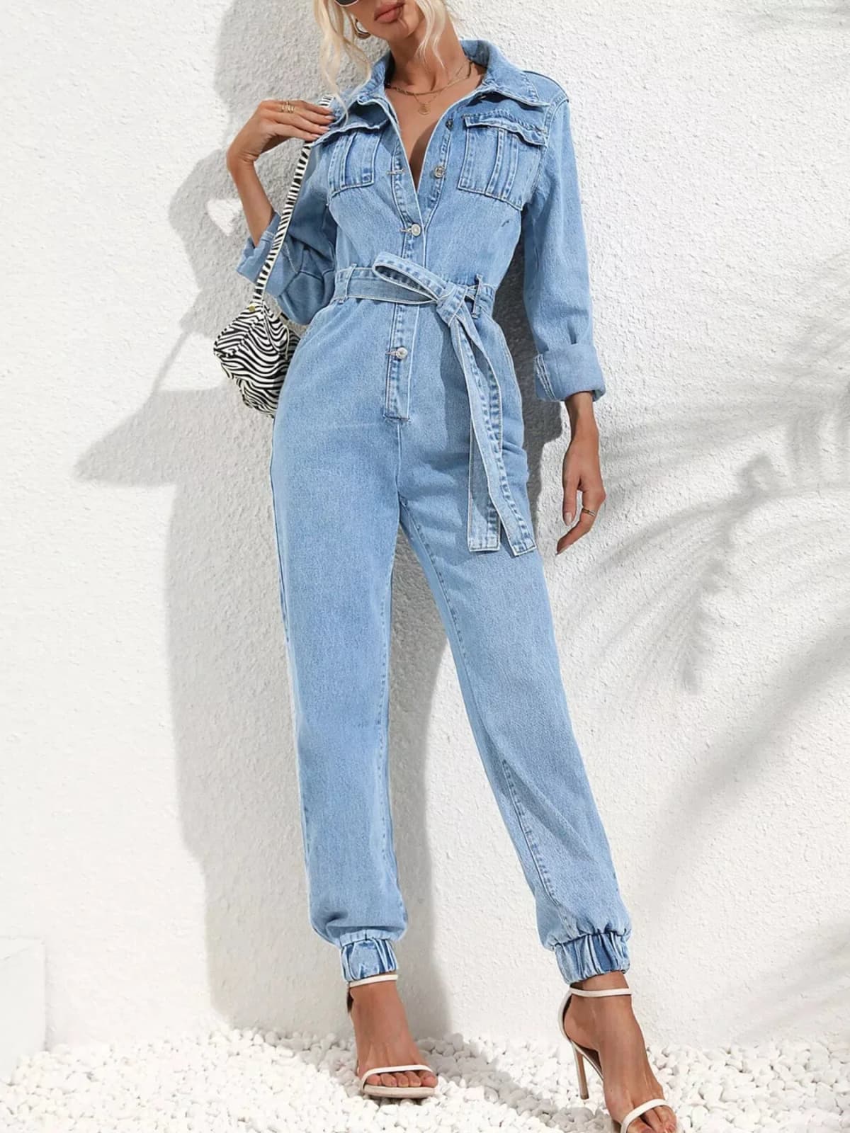 Button Front Belt Denim Jumpsuit