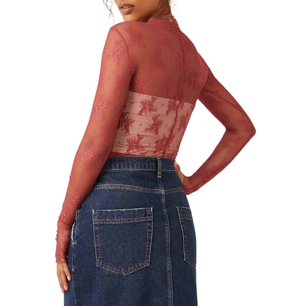 Sheer Lace Top Shirt Rosa Clothing (Red Brown)