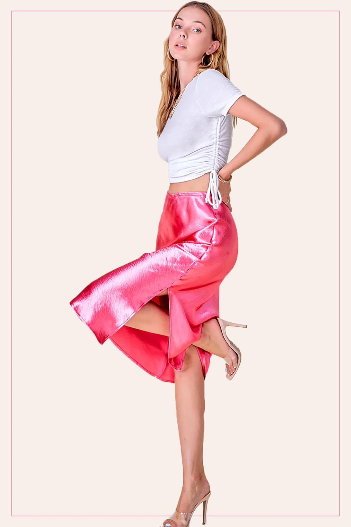 High-Waisted Midi Length Satin Effect Solid Skirt