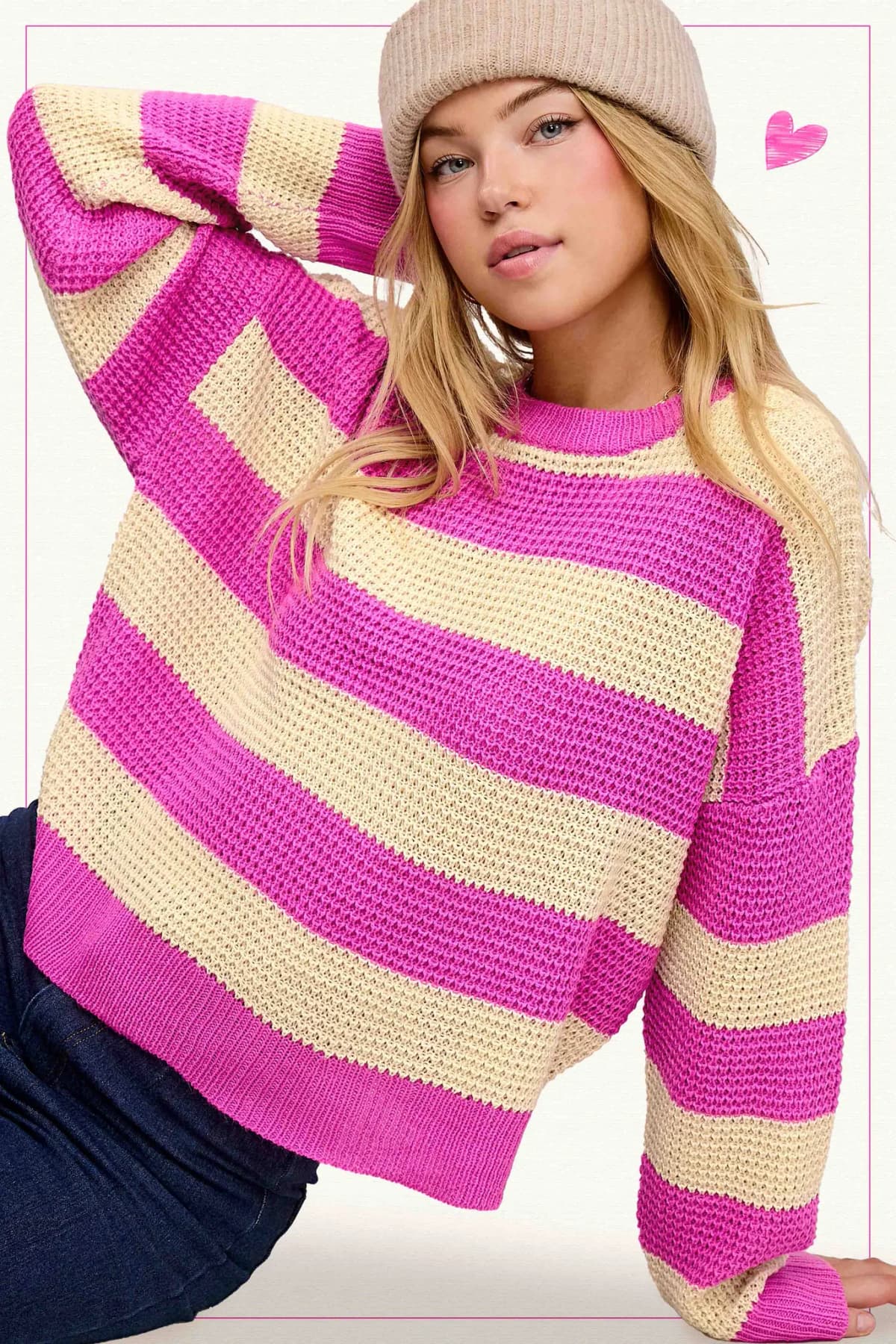 Loose Fit Striped Round Neck Long Sleeve Sweater (Oreo)