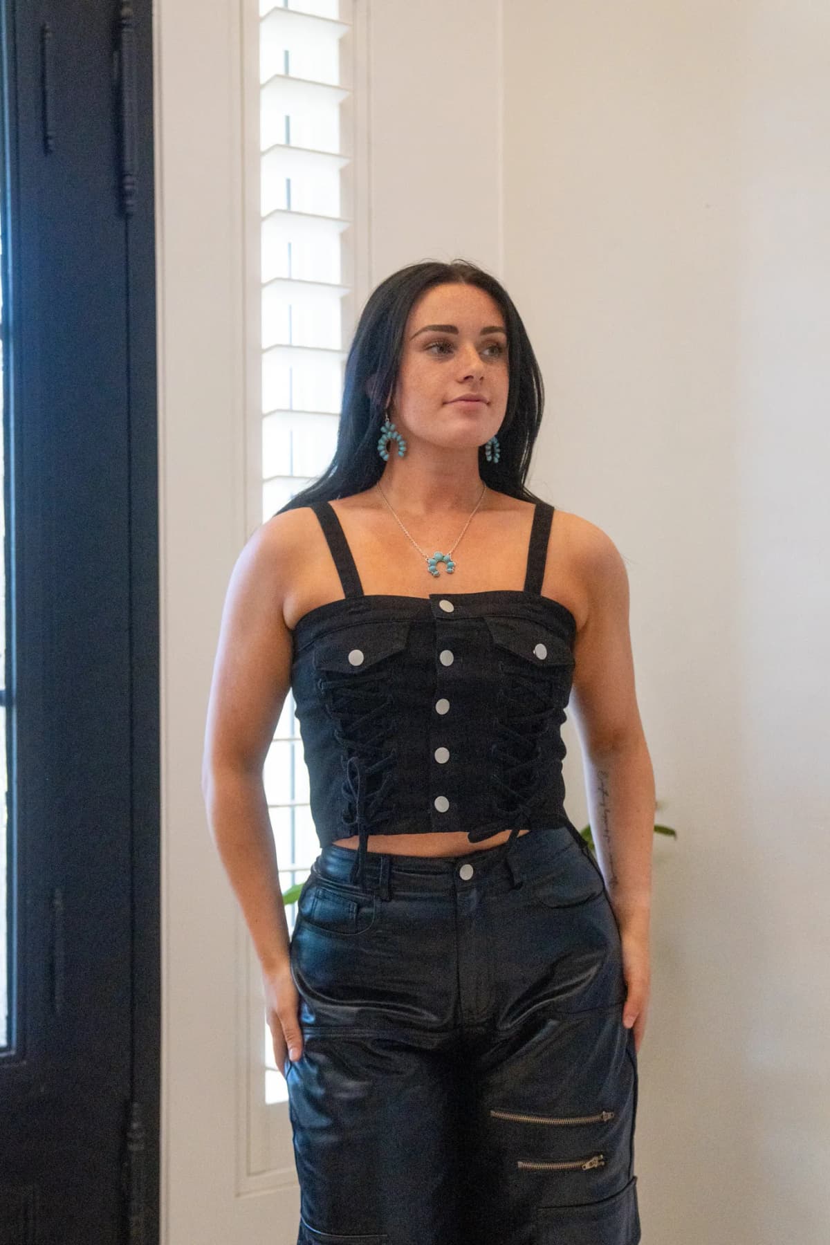 Denim Button Down Lace Up Detail Smocked Back Crop Top