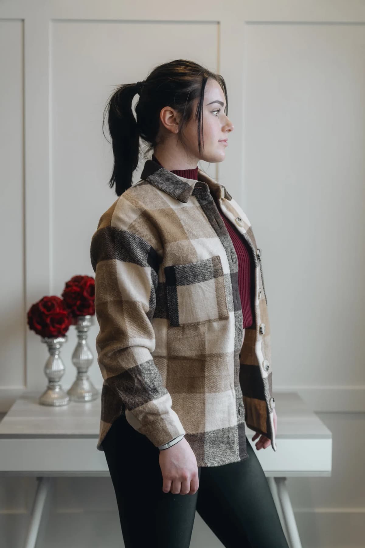 Plaid Color Block Buttoned Long Sleeve Shacket with Pocket