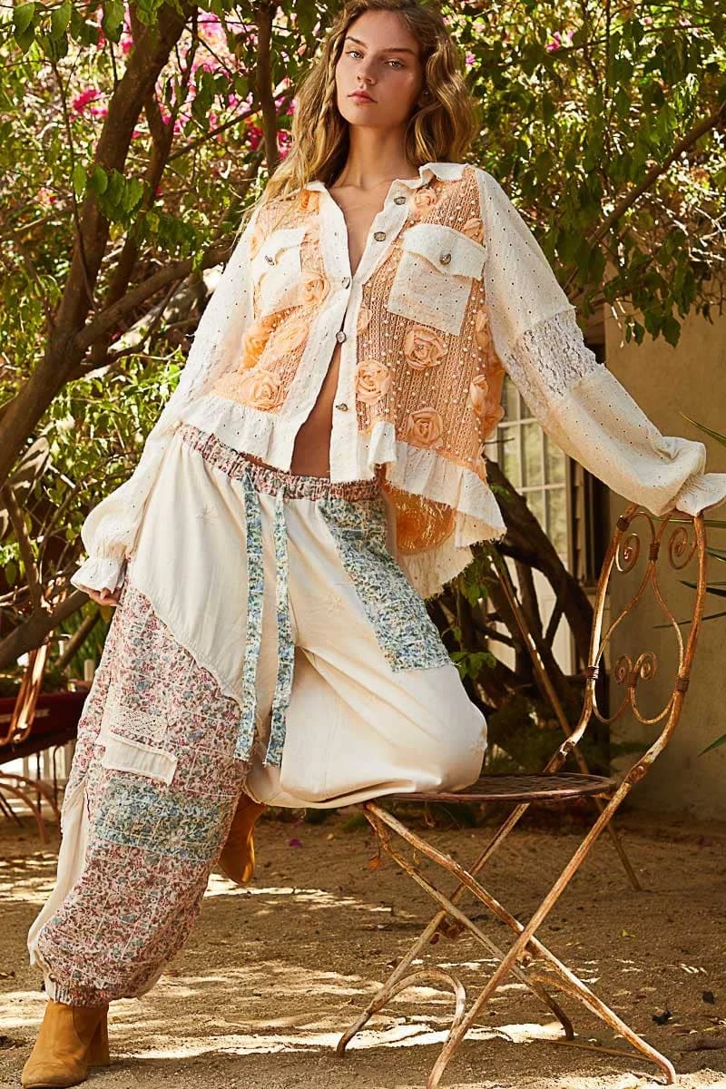Long Sleeve Flower Pearl Detail Button Down Shirt Top by POL